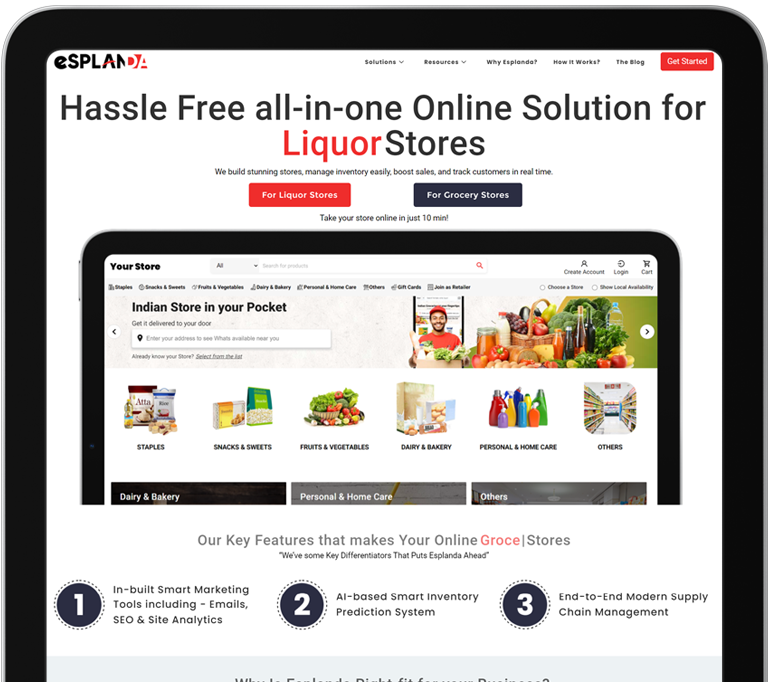 The Esplanda online store builder shown on a tablet